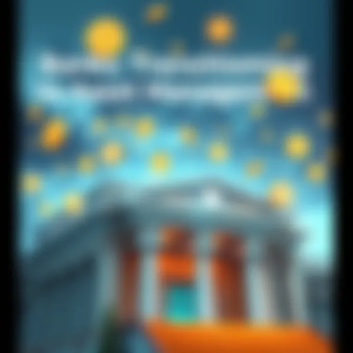 A bank building with digital currency symbols floating above, symbolizing the shift to on-chain asset management.