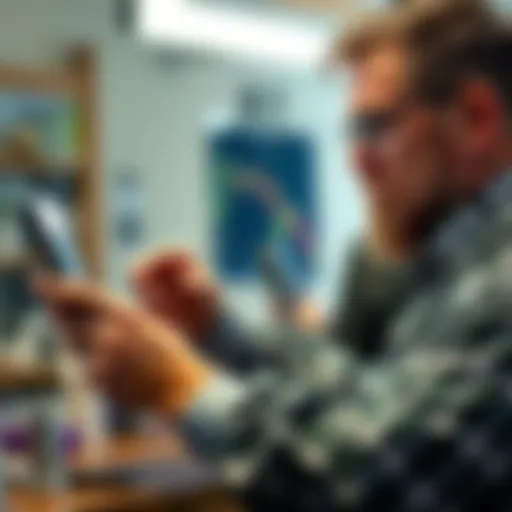 A barber talking to a customer about a new cryptocurrency investment while holding scissors and a phone, showing charts on the screen