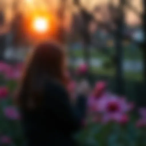 A person admiring blooming flowers in a park during sunset, capturing the beauty in everyday moments