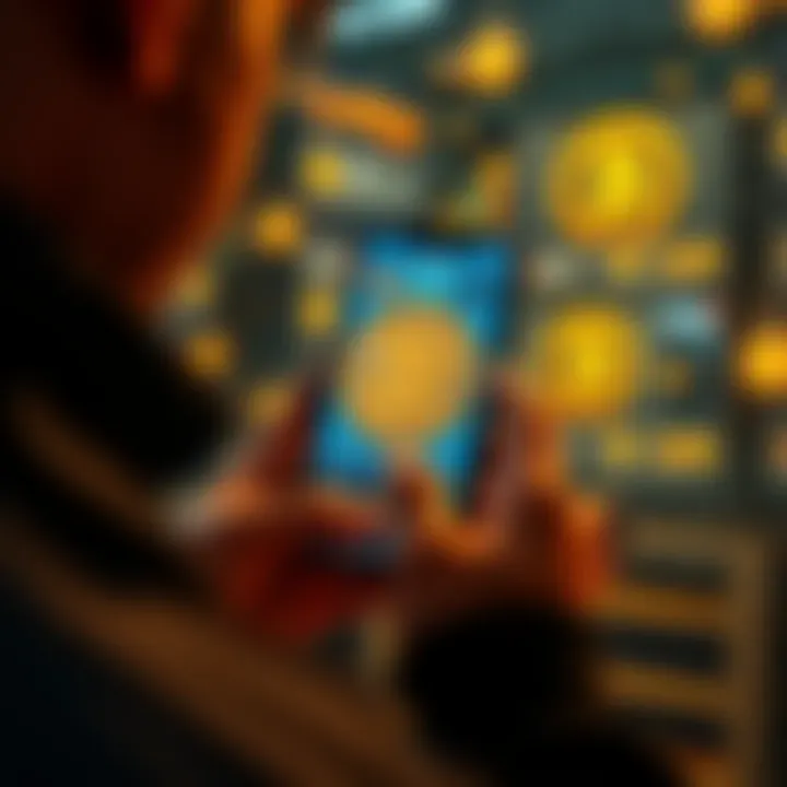 A person using a smartphone to buy Bitcoin on a cryptocurrency exchange app, with icons of UK banks in the background.