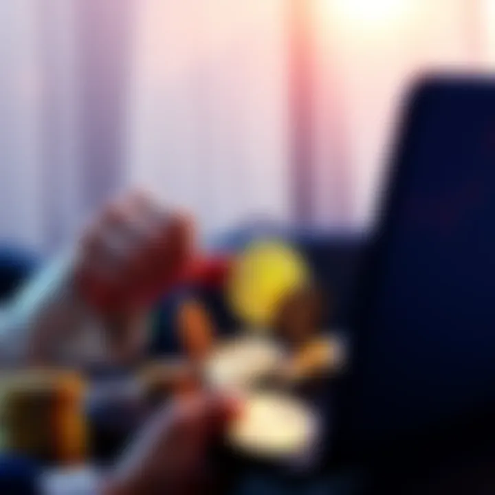 A new investor looking at various cryptocurrency coins including Bitcoin and Ethereum, with a laptop open showing charts and graphs of market trends.