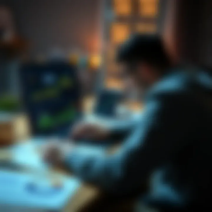 A beginner investor researching mid-cap alt-coins on a laptop at a desk with charts and graphs