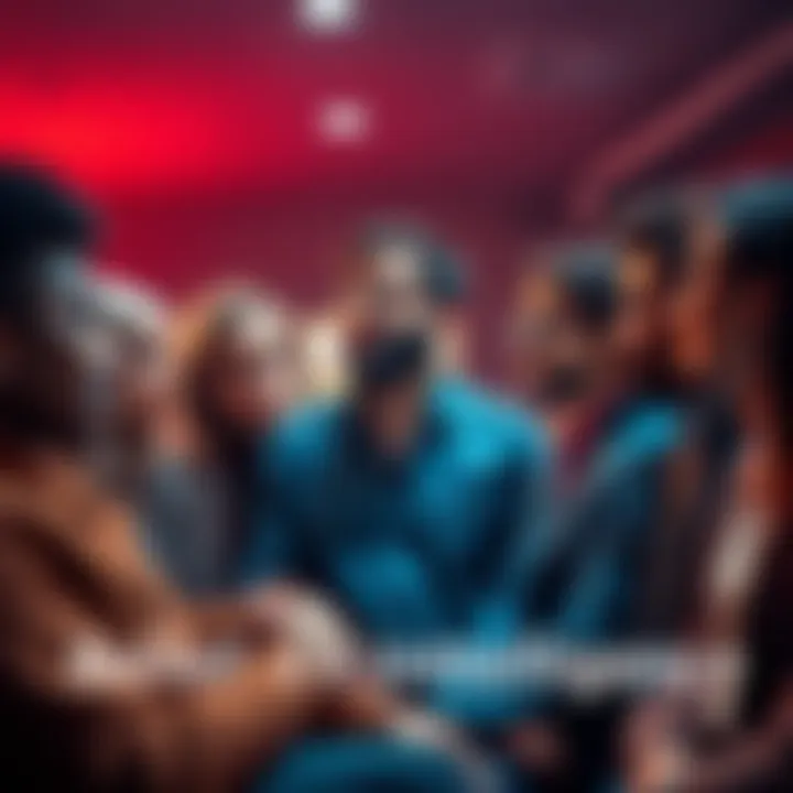 A group of diverse people discussing the concept of belief and intelligence, showcasing one person passionately sharing their views while others listen thoughtfully.