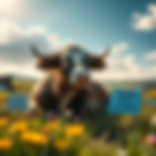 A nurturing scene of a bull resting comfortably in a sunny field, surrounded by flowers and supportive signs for a speedy recovery.