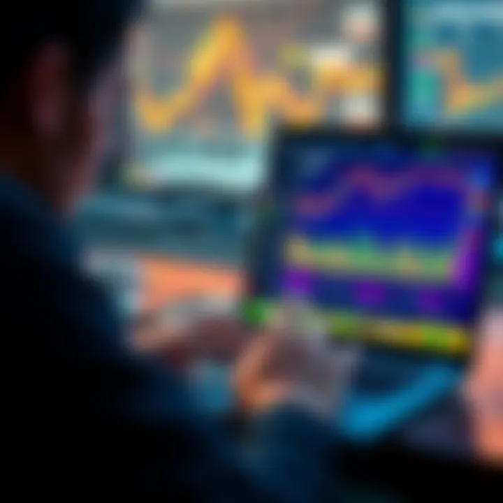 A person analyzing cryptocurrency trends on a laptop with charts and graphs on screen