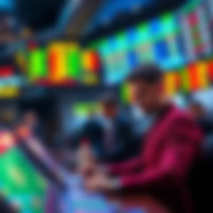 A person placing a bet at a sportsbook, looking determined and focused, with odds displayed on screens in the background.