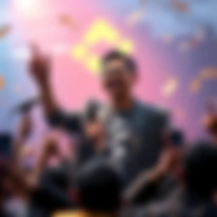 Binance CEO CZ celebrating and announcing the start of the BNB meme season amidst excited crowd of crypto enthusiasts