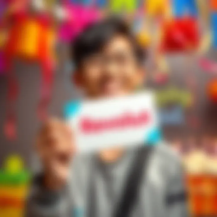 A young person smiling while holding a Revolut birthday gift card in their hand, with colorful birthday decorations in the background.