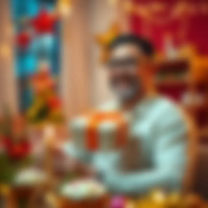 A man smiles happily as he unwraps a thoughtful gift from his wife on his birthday, surrounded by festive decorations.