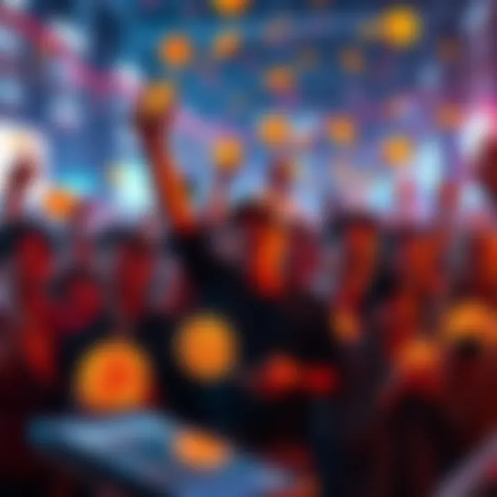 Bitcoin Buying Frenzy A group of enthusiastic Bitcoin investors celebrating while buying Bitcoin on their devices, amidst a backdrop of falling prices.