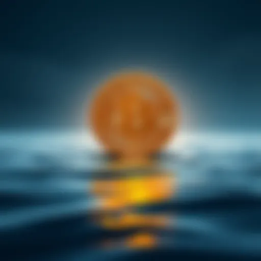A Bitcoin symbol floating above a calm sea, symbolizing stability and patience in the market.