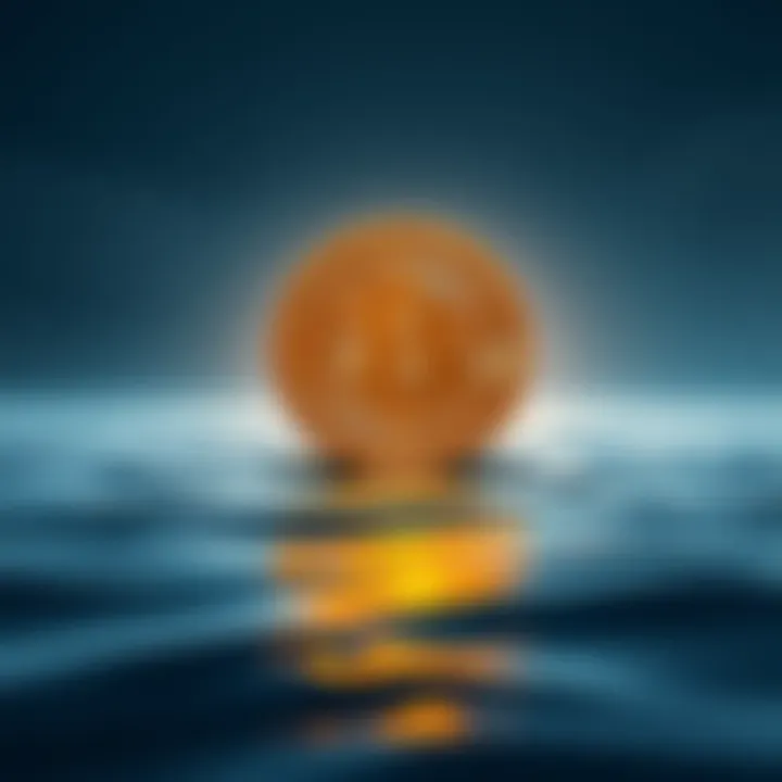A Bitcoin symbol floating above a calm sea, symbolizing stability and patience in the market.