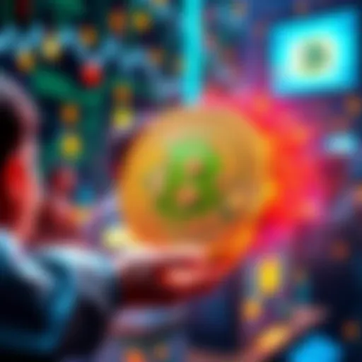 A digital representation of Bitcoin Cash showing peer-to-peer transactions between people, with symbols of money and technology