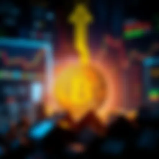 A digital representation of Bitcoin with a downward arrow, symbolizing potential collapse and financial disaster. The background shows a chaotic financial market scene.