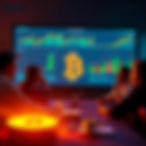 A group of people discussing Bitcoin with charts and graphs on a screen background, showing energy consumption concerns.
