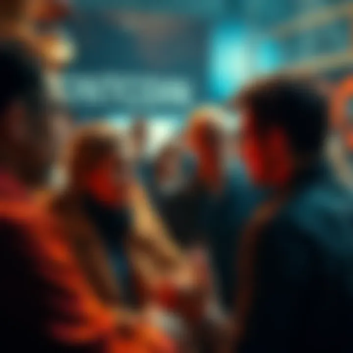 A group of people in a heated discussion about Bitcoin, some looking concerned while others seem to dominate the conversation, representing control over dialogue in pro-Bitcoin spaces.