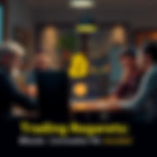 A group of friends sitting around a table, discussing Bitcoin with excitement and expressions of missed opportunities, as a laptop displays Bitcoin charts on the screen.