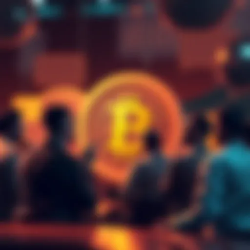 A group of people chatting about Bitcoin with speech bubbles and a Bitcoin logo in the background