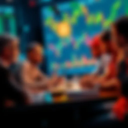 A group of people engaging in a lively discussion about Bitcoin with laptops and cryptocurrency charts in the background