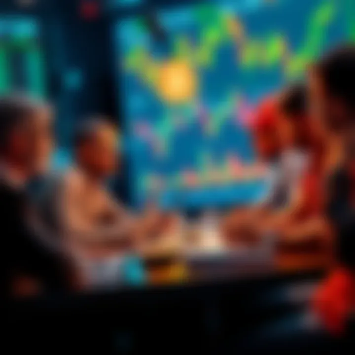 Bitcoin Discussion Thread A group of people engaging in a lively discussion about Bitcoin with laptops and cryptocurrency charts in the background