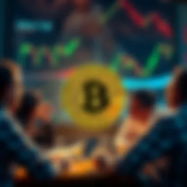 A group of people discussing Bitcoin with charts and graphs in the background, showing concern and analysis over its future and potential fork.