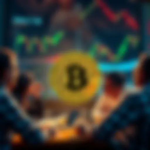 A group of people discussing Bitcoin with charts and graphs in the background, showing concern and analysis over its future and potential fork.