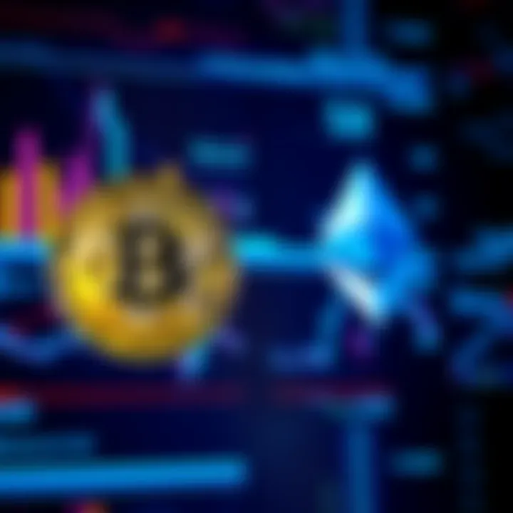 Bitcoin and Ethereum symbols represented on a digital screen, illustrating the competition between the two cryptocurrencies.