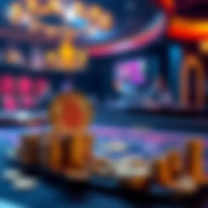 A casino table with stacks of coins and a Bitcoin logo, symbolizing high-stakes cryptocurrency bets.