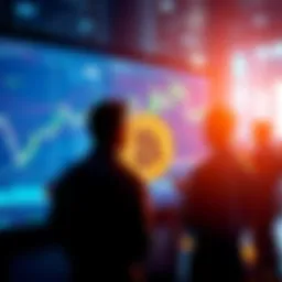 People discussing the impact of Bitcoin's halving cycle on a digital screen with graphs and charts.
