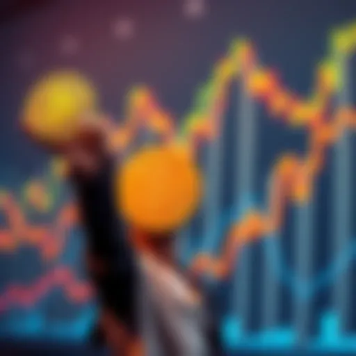 A person celebrating holding a Bitcoin symbol with a background of rising financial graphs, showing profit and investment growth.