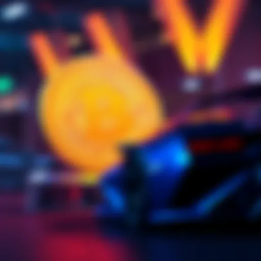 A Bitcoin symbol alongside a luxury Lamborghini car, highlighting the connection between cryptocurrency and high-end purchases.