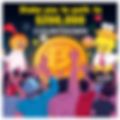 A playful illustration showing a group of people celebrating around a Bitcoin symbol as it approaches the $200,000 mark, with humorous memes in the background.