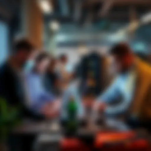 A group of people discussing Bitcoin mining strategies with laptops and mining equipment in a modern office setting