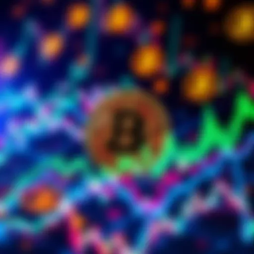 A visualization of Bitcoin symbols with fluctuating graphs representing market reactions to Satoshi's potential Bitcoin movement.