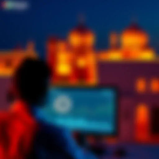 A person looking at a computer screen showing Bitcoin prices with traditional Omani buildings in the background.