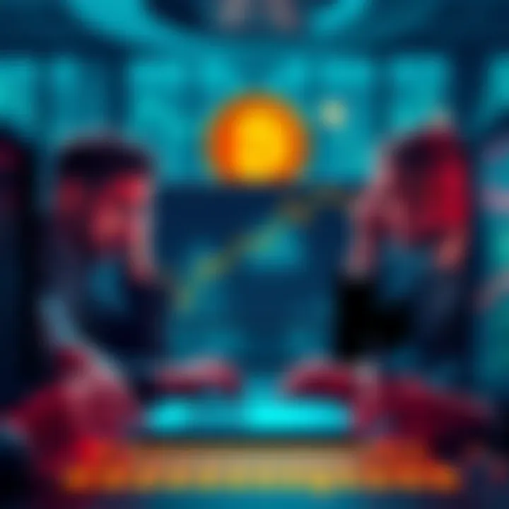 Graph showing downward trend in Bitcoin prices with worried investors looking at screens