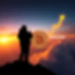 Bitcoin Price Prediction A graph showing Bitcoin's price skyrocketing towards $220,000 with a silhouette of a person making a bold prediction.