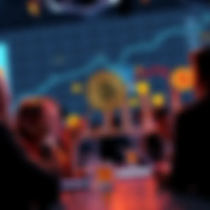 People discussing Bitcoin price predictions with excitement, featuring a graph showing rising values and digital currency symbols