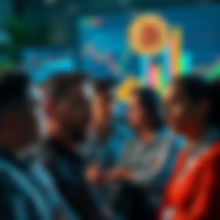 Group of people discussing Bitcoin, showing expressions of interest and curiosity, with charts and graphs in the background