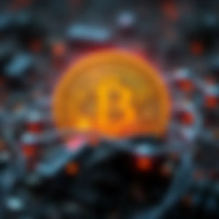 A visual representation of Bitcoin facing challenges from quantum computing, government regulations, and mining profitability. A Bitcoin symbol is shown with obstacles around it, symbolizing risks.