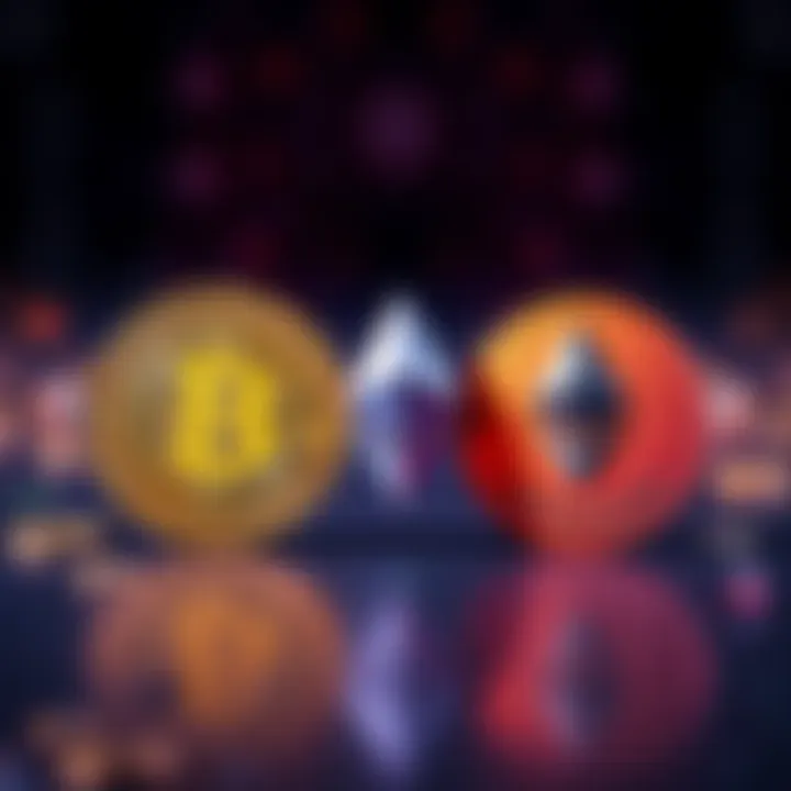 A split image showing one Bitcoin symbol on one side and multiple Ethereum symbols on the other, representing investment choices in cryptocurrency.