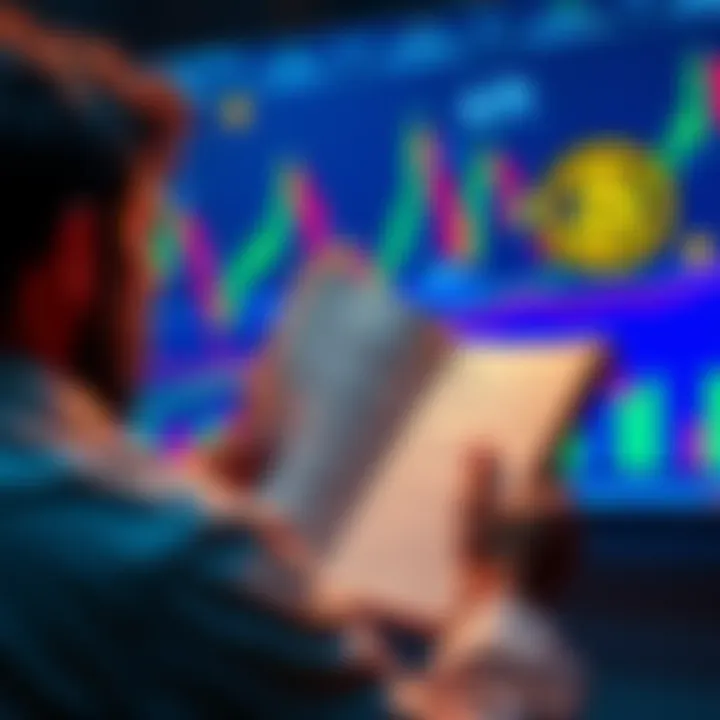 A person reading the Bitcoin whitepaper with charts and cryptocurrency symbols in the background, signifying clarity amidst market volatility.
