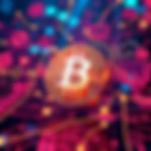 A visual representation of a Bitcoin address with graphics showing cryptocurrency transactions and security elements