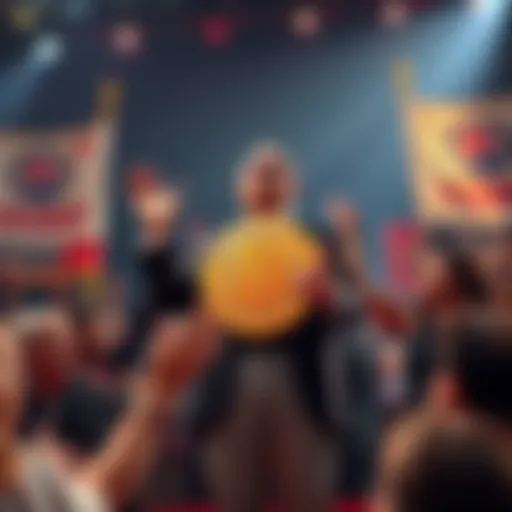 A Bitcoin advocate stands proudly holding the Peace Prize at an award ceremony, surrounded by supporters and banners calling for freedom and individual rights.