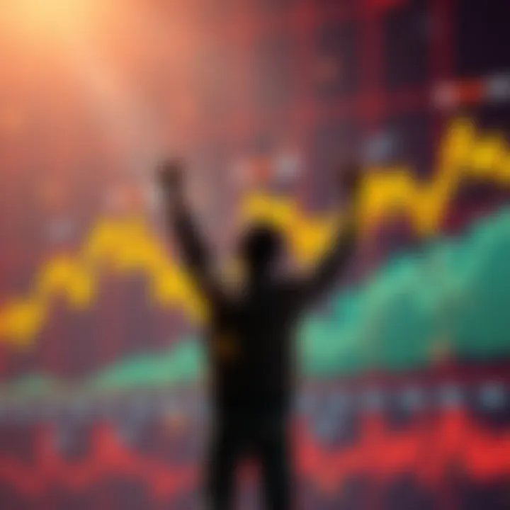 A person celebrating in front of a digital chart showing Bitcoin's price reaching a new peak