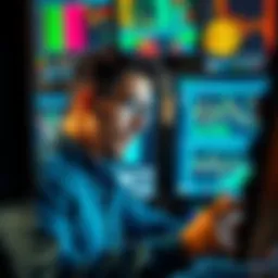 A trader analyzes Bitcoin and altcoins on multiple screens, contemplating quick profit strategies.