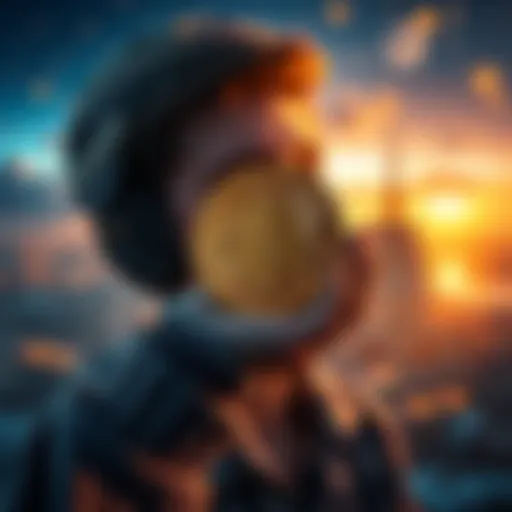 A person holding a Bitcoin coin while dreaming of travel and a new home, symbolizing financial aspirations.