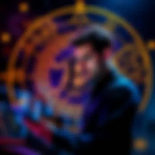 A young man studying a Bitcoin chart surrounded by symbols of astrology, representing the connection between cryptocurrency and astrological beliefs.
