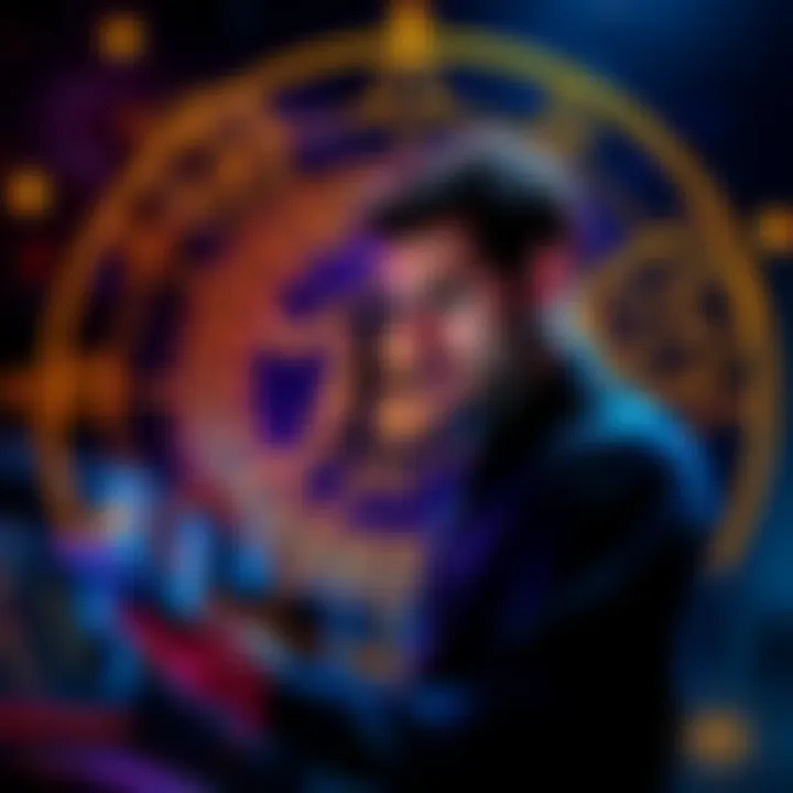 A young man studying a Bitcoin chart surrounded by symbols of astrology, representing the connection between cryptocurrency and astrological beliefs.