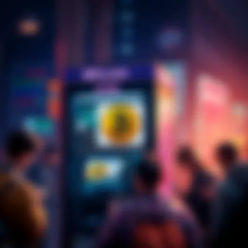 A Bitcoin ATM kiosk with a sign indicating the need for photo ID to use it, surrounded by people looking at their phones.
